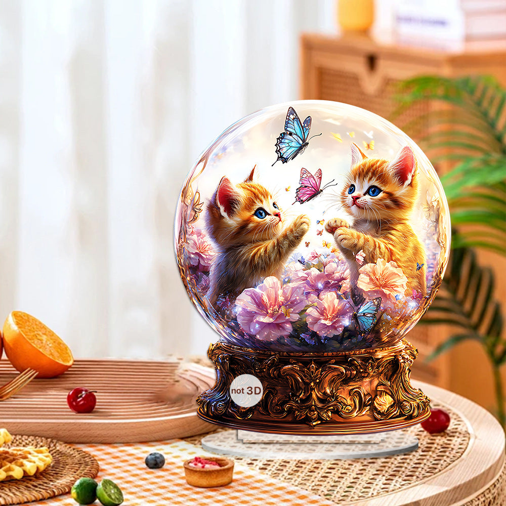 Crystal Ball Ornament with Two Orange Cats โ Cute Desktop Butterfly Catching Scene
