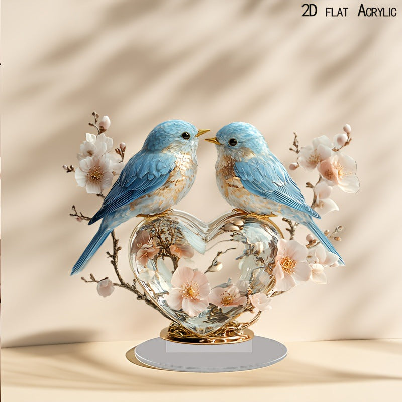 Creative Valentine’s Peach Blossom & Little Bird Crystal Heart – 2D Acrylic Home Décor