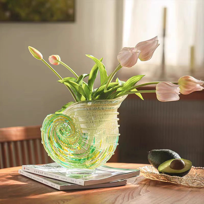 Handblown Coastal Conch Glass Vase - Colorful Artisan Sea Shell Decor for Home