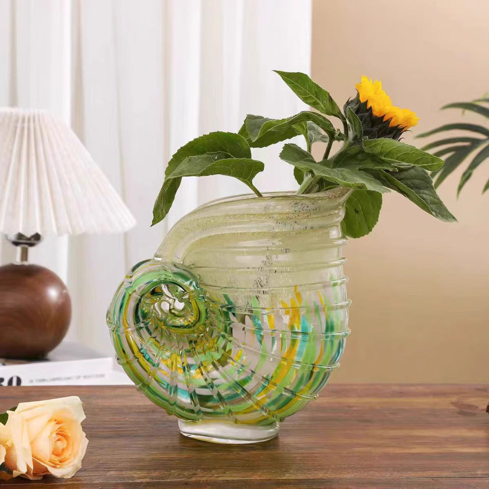 Handblown Coastal Conch Glass Vase - Colorful Artisan Sea Shell Decor for Home